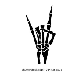 Skeleton hands gesture horns, rock, fingers, black flat vector, cut files