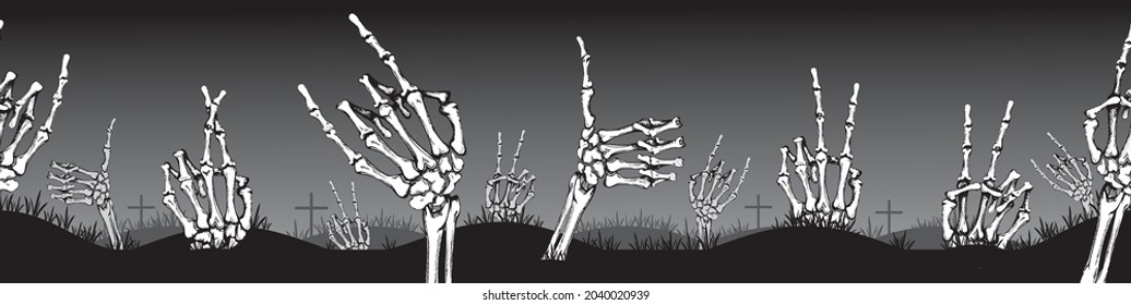 Skeleton hands gestures border horizontal black banner. Vector illustration.