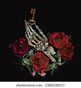 Skeleton hands, golden keys and wild red roses. Gothic art. Embroidery. Romantic floral dark medieaval background. Template for clothes, textiles, t-shirt design