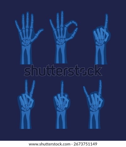 Skeleton hands Halloween set of gestures, x-ray view. Finger bones showing different gestures.