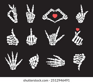 Skeleton hands Halloween set. Set of various hand gestures, fingers bones. Hands skeletons.