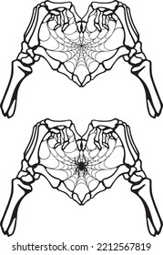 Skeleton hands in heart gesture. Halloween decoration, tattoo, invitation frame