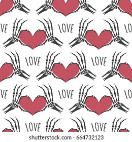 Skeleton hands heart seamless pattern. Vector love seamless texture