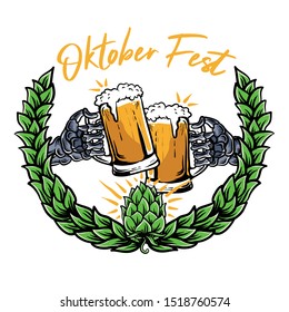 skeleton hands holding beer glass and cheers for oktober fest vector illustration