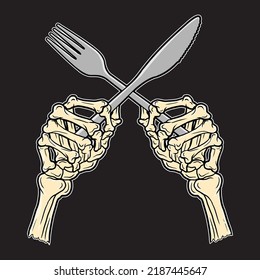 Skeleton hands holding fork and knife 