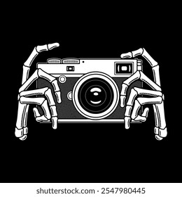 SKELETON HANDS HOLDING PHOTO CAMERA WHITE BLACK BACKGROUND