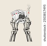 Skeleton hands holding playing cards and a cigarette in a vintage illustration