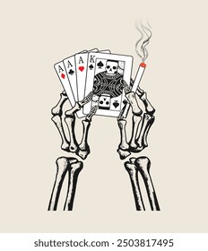 Skeleton hands holding playing cards and a cigarette in a vintage illustration