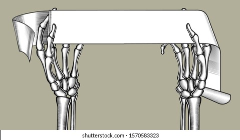 Manos de esqueleto sosteniendo un cartel de la cinta. Dibujo estilizado de grabado de época. Ilustración del vector