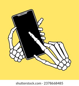 SKELETON HANDS HOLDING SMARTPHONE BLACK WHITE COLOR BACKGROUND