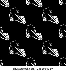 SKELETON-HÄNDE MIT SMART-TELEFON-SEAMLESS-PATTERN, WEISSER SCHWARZER HINTERGRUND