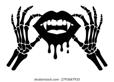 Skeleton hands holding vampire lips with dripping gothic horror bones fingers