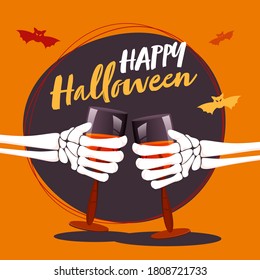 Skeleton Hands Holding Wine Glass with Bats Flying on Purple and Orange Background.