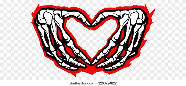 Skeleton hands howing heart shape. T-shirt print for Horror or Halloween. Hand drawing illustration isolated on transparent background. Vector EPS 10