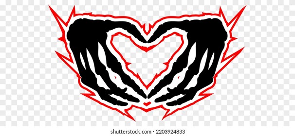 Skeleton hands howing heart shape. T-shirt print for Horror or Halloween. Hand drawing illustration isolated on transparent background. Vector EPS 10