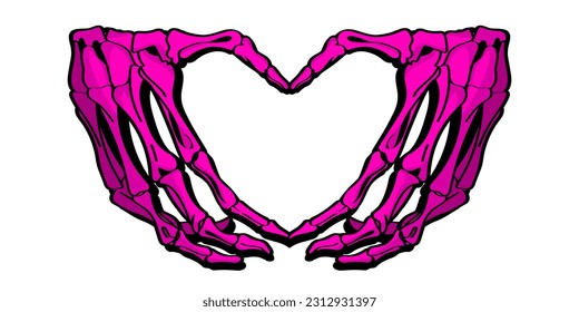 Skeleton hands howing heart shape. Bone hands goth style illustration. T-shirt print for Horror or Halloween. Hand drawing illustration isolated on white background. Vector EPS 10