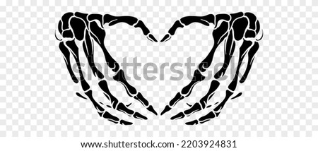 Skeleton hands howing heart shape. T-shirt print for Horror or Halloween. Hand drawing illustration isolated on transparent background. Vector EPS 10