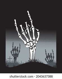 Skeleton hands with rock gesture. Print for t shirt. Vector illustration.