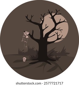 A skeleton hanging from a tree at moon lit night vector illustration. Halloween poster for book illustration, bag, placard, banner design.