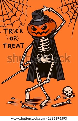 skeleton in hat and black cloak and pumpkin head Halloween invitation card for celebration. Poster or banner for holiday, spooky scary templates. Hand drawn