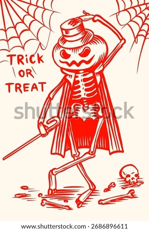 skeleton in hat and black cloak and pumpkin head Halloween invitation card for celebration. Poster or banner for holiday, spooky scary templates. Hand drawn