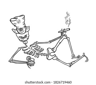 Skeleton in a hat with a cigar and a drink. Halloween symbols. Hand drawn sketch vector line.