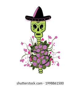 Skeleton in a hat with flowers vector illustration in cartoon style for the Mexican holiday day of the dead. "Dia de los Muertos" 