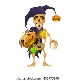 The skeleton in the hat of harlequin holding a pumpkin. Vector illustration.