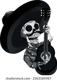 The skeleton in hat leather jacket and with guitar for halloween theme or music theme