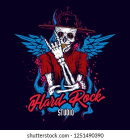 A skeleton in a hat on fire with wings on its back. Bright original vector illustration. The emblem for the music Studio.