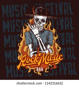 The skeleton in the hat on the label rock bar, in the fire