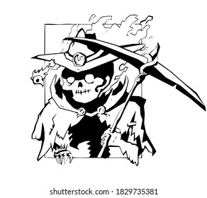 skeleton with a hat and a scythe. Funny halloween character