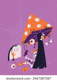 skeleton in a hat sits under a fly agaric mushroom. Illustration for the holiday Halloween. Vector illustration.