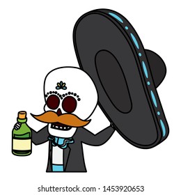 skeleton with hat and tequila bottle viva mexico vector illustration