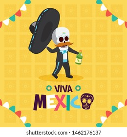 skeleton with hat and tequila celebration viva mexico vector illustration