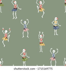 skeleton Hawaiian Hula dance seamless pattern in vector