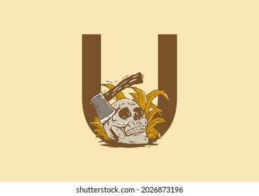 Skeleton head and ax illustration drawing with U initial letter design