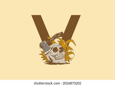 Skeleton head and ax illustration drawing with V initial letter design