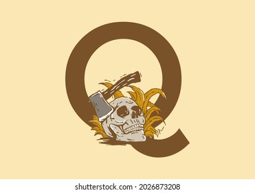 Skeleton head and ax illustration drawing with Q initial letter design