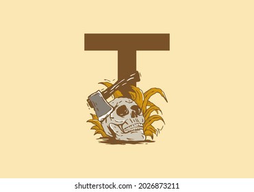 Skeleton head and ax illustration drawing with T initial letter design