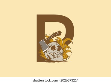 Skeleton head and ax illustration drawing with P initial letter design