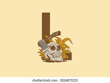 Skeleton head and ax illustration drawing with L initial letter design