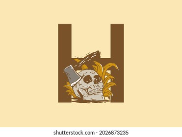 Skeleton head and ax illustration drawing with H initial letter design