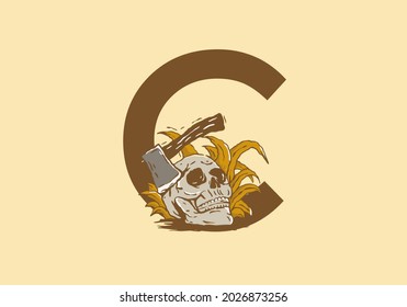 Skeleton head and ax illustration drawing with C initial letter design