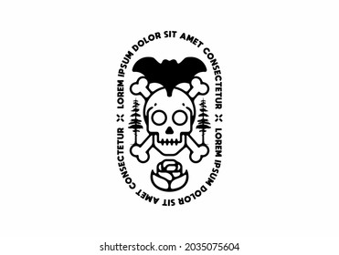 skeleton head and bat symbol line art illustration design