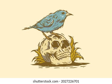 Skeleton head and bird vintage illustration drawing design