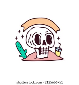 Skeleton head with cactus and lemon juice, illustration for t-shirt, sticker, or apparel merchandise. With doodle, retro, and cartoon style.