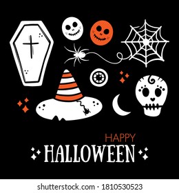Skeleton head, coffin, spider web with little spider, eyeball, moon, witch hat icons. Set, collection of hand drawn vector icons for Halloween design.
