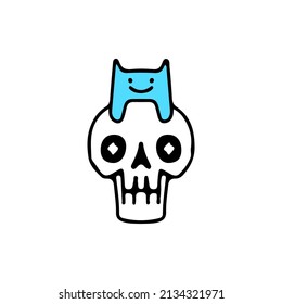 Skeleton head with funny cat, illustration for t-shirt, street wear, sticker, or apparel merchandise. With retro, and cartoon style.