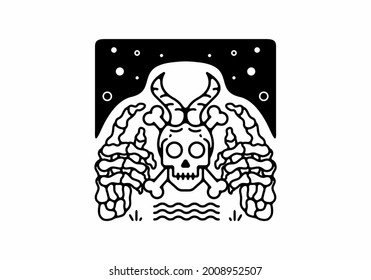 Skeleton head and hand line art illustration design